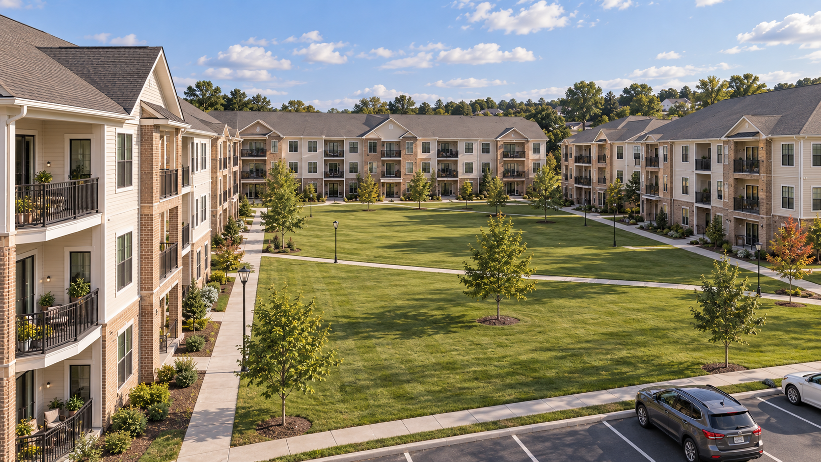 Concept rendering of a residential community around an open landscaped courtyard